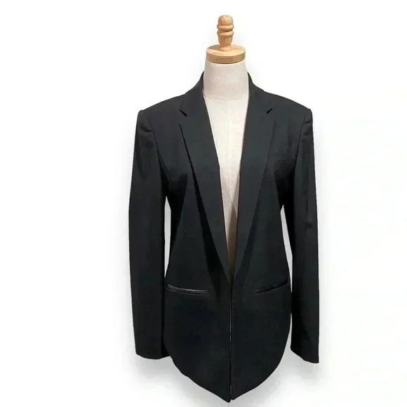 NWT Alexander Wang Virgin Wool Black Open Front Blazer Jacket Leather Trim 8 - Picture 1 of 12